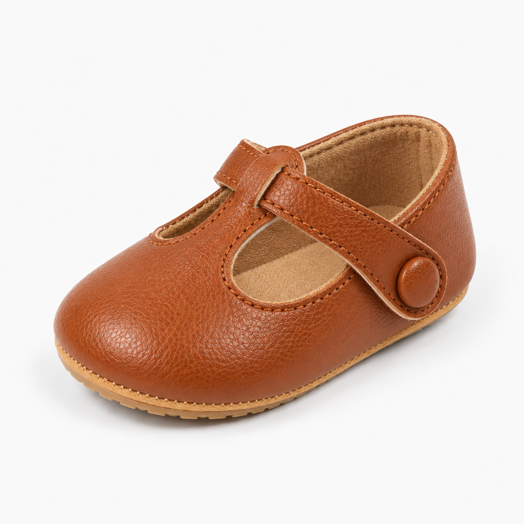Brown baby bow leather princess ballet flats, premium product photo with soft sole and button strap