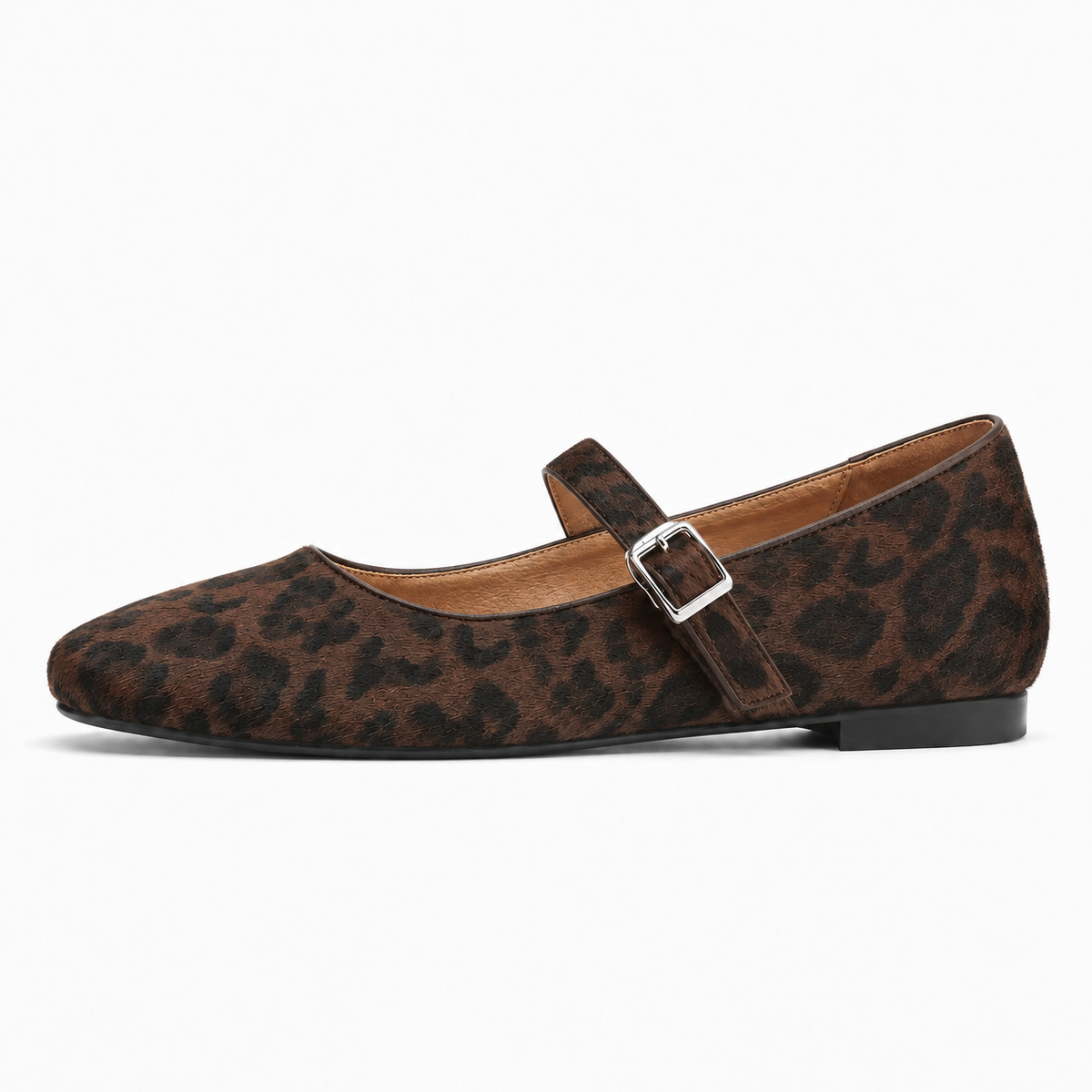 Brown leopard womens animal print buckle Mary Jane flats side view