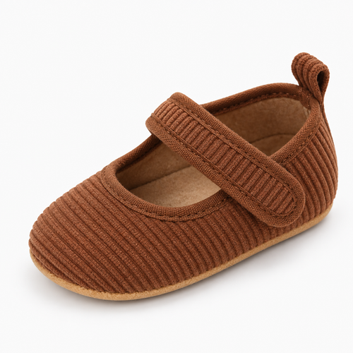 Brown Baby Corduroy Mary Jane Shoes - soft ribbed infant shoes with velcro strap and flexible sole