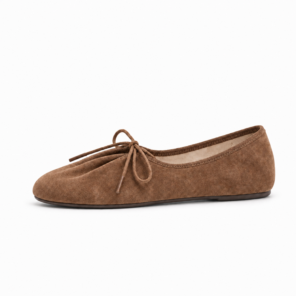 Brown suede lace up ballet flats for women, premium side profile product photo with rounded almond toe