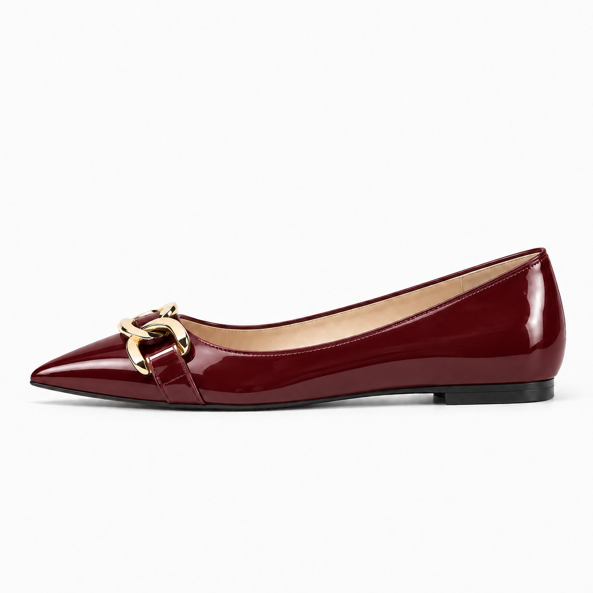 Burgundy Womens Pointed Toe Metal Buckle Ballet Flats - women's ballet flats UK