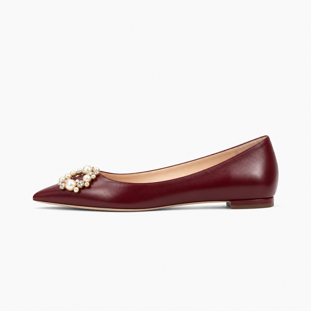 Burgundy Leather Womens Pearl Crystal Ballet Flats - women's ballet flats UK
