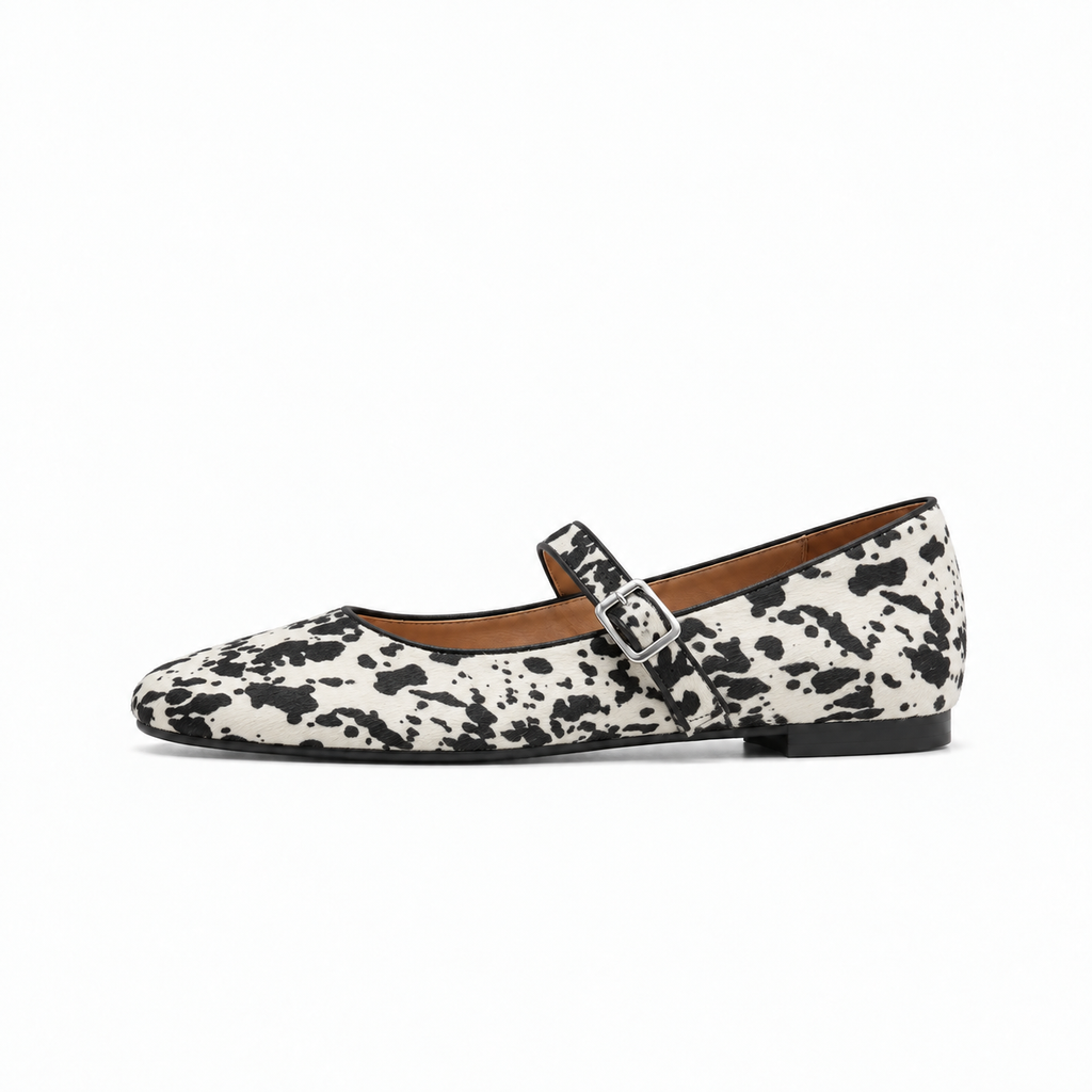 Cow Print Womens Animal Print Mary Jane Flats - womens animal print flats UK