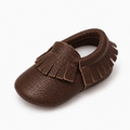 Dark Brown baby leather walking ballet flats with soft sole and fringe detail, premium baby moccasin shoes