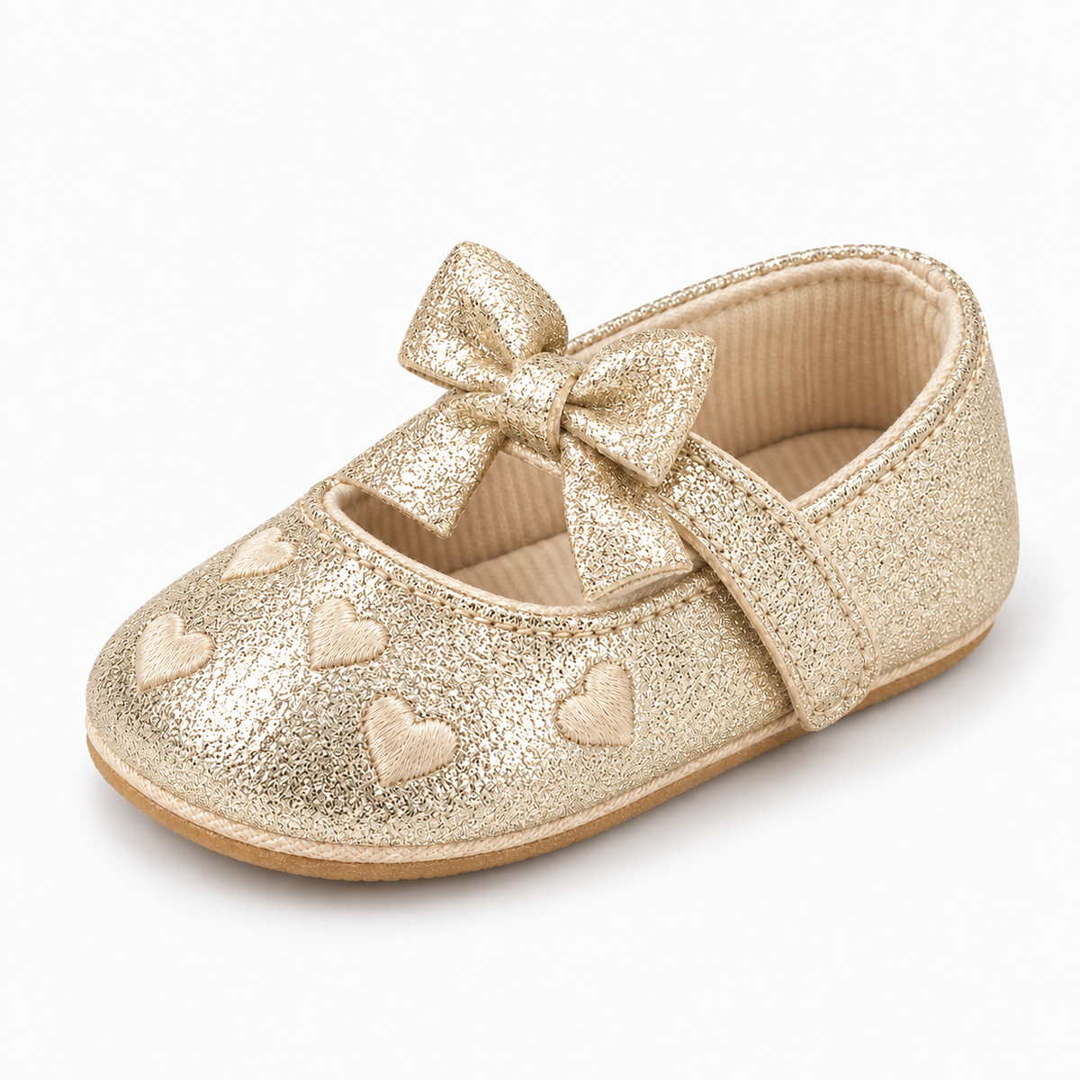 Gold Baby Heart Bow Mary Jane Shoes - champagne metallic baby shoes with bow and heart details