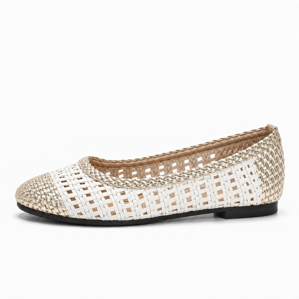 Gold Womens Woven Mesh Ballet Flats side view - champagne braided breathable flat shoes for women