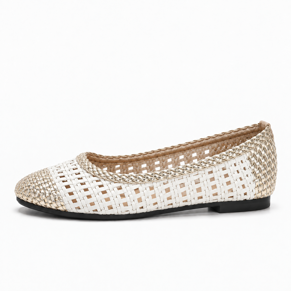 Gold Womens Woven Mesh Ballet Flats side view - champagne braided breathable flat shoes for women