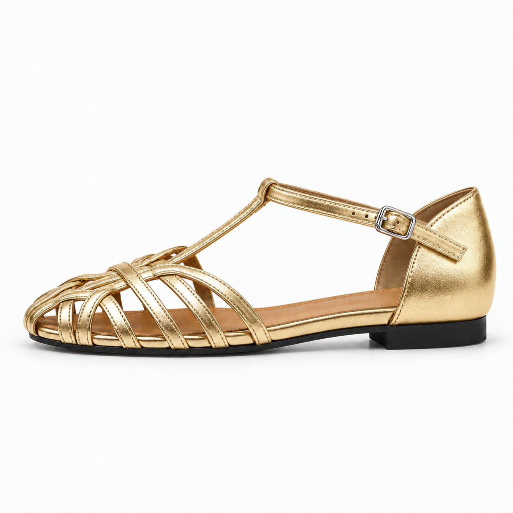 Gold womens T bar woven ballet flats side view with ankle strap