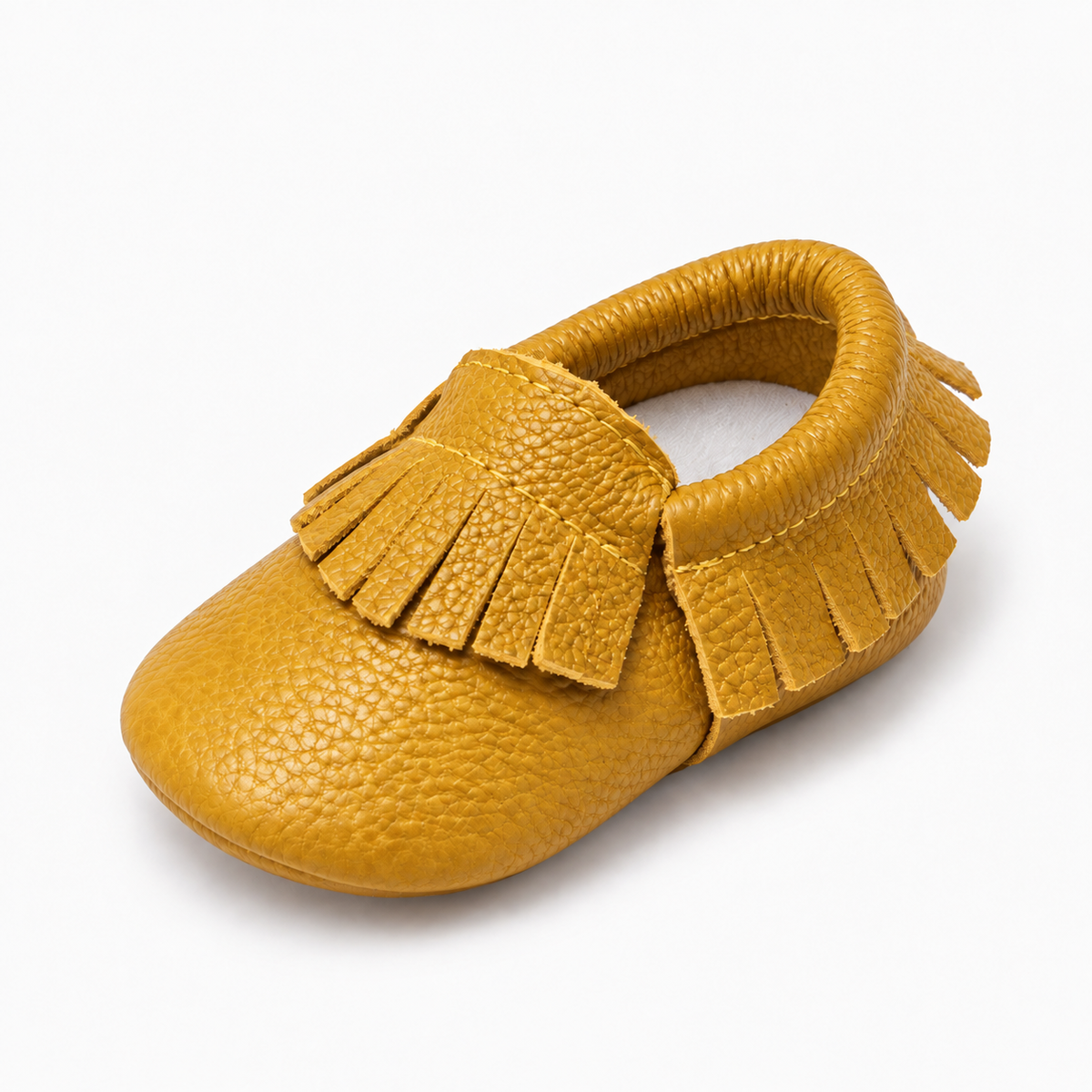 Golden baby leather walking ballet flats with soft sole and fringe detail, premium baby moccasin shoes