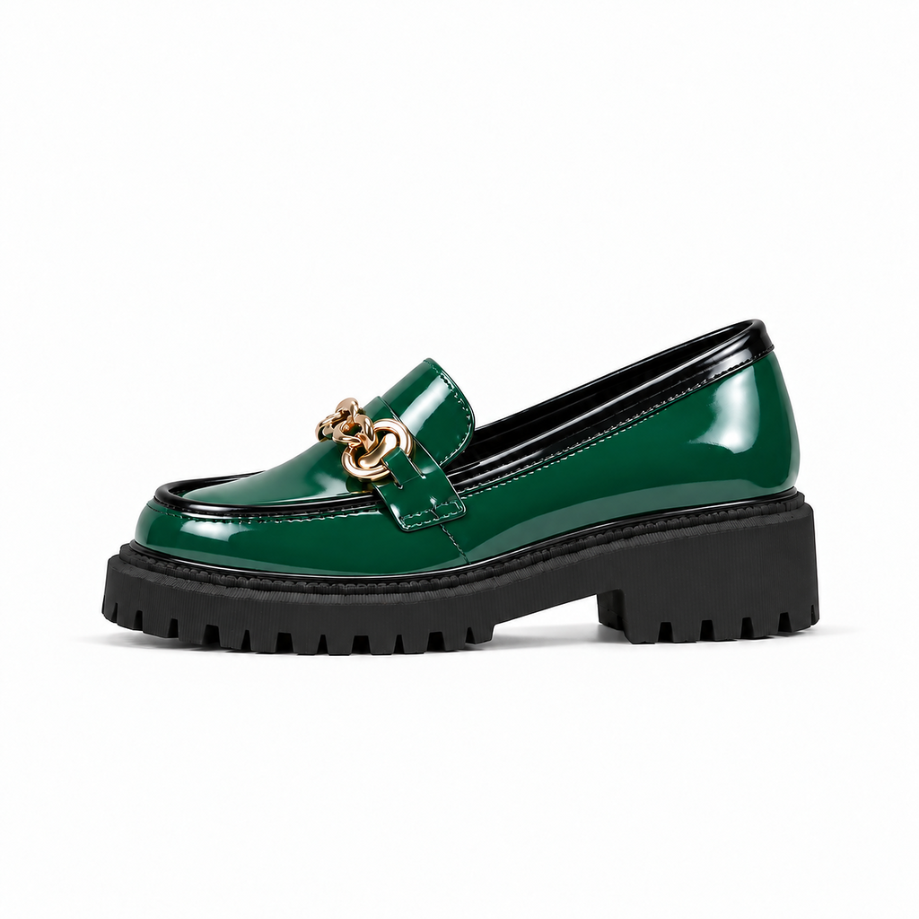 Green Womens Chain Platform Loafers with black trim and gold chain detail - premium women's loafers UK