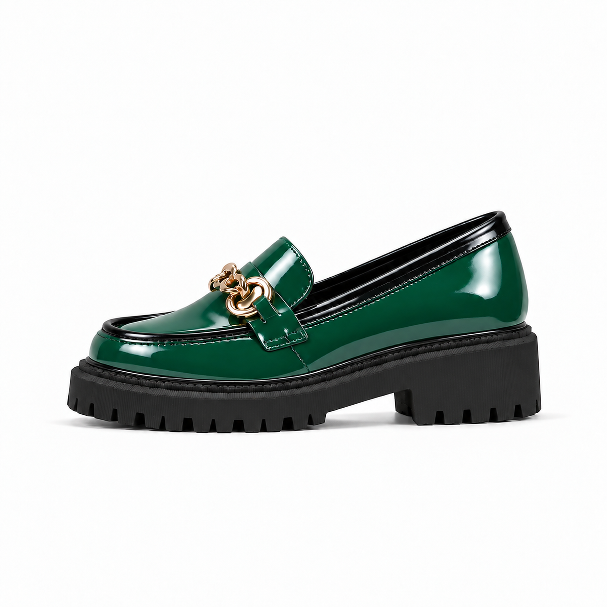 Green Womens Chain Platform Loafers with black trim and gold chain detail - premium women's loafers UK