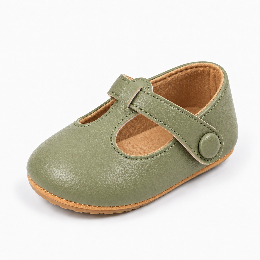 Green baby bow leather princess ballet flats, premium product photo with soft sole and button strap