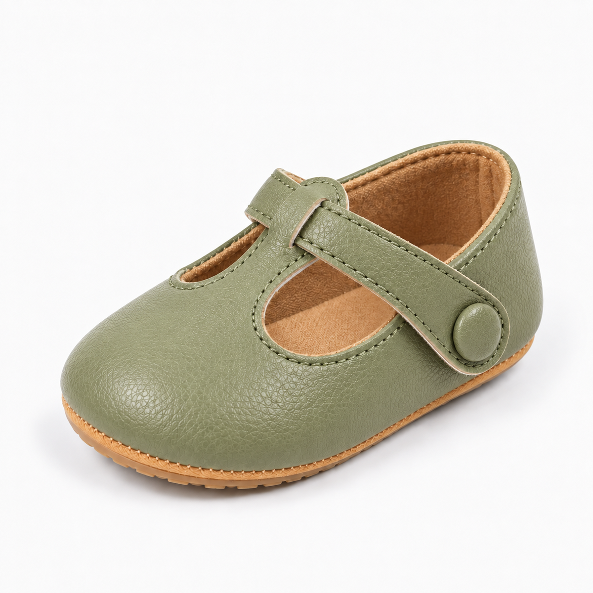Green baby bow leather princess ballet flats, premium product photo with soft sole and button strap