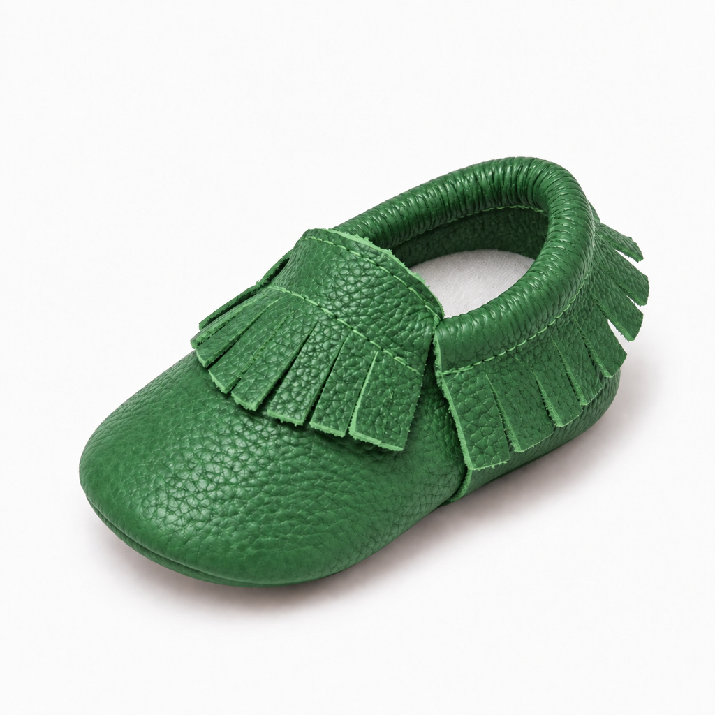 Green baby leather walking ballet flats with soft sole and fringe detail, premium baby moccasin shoes