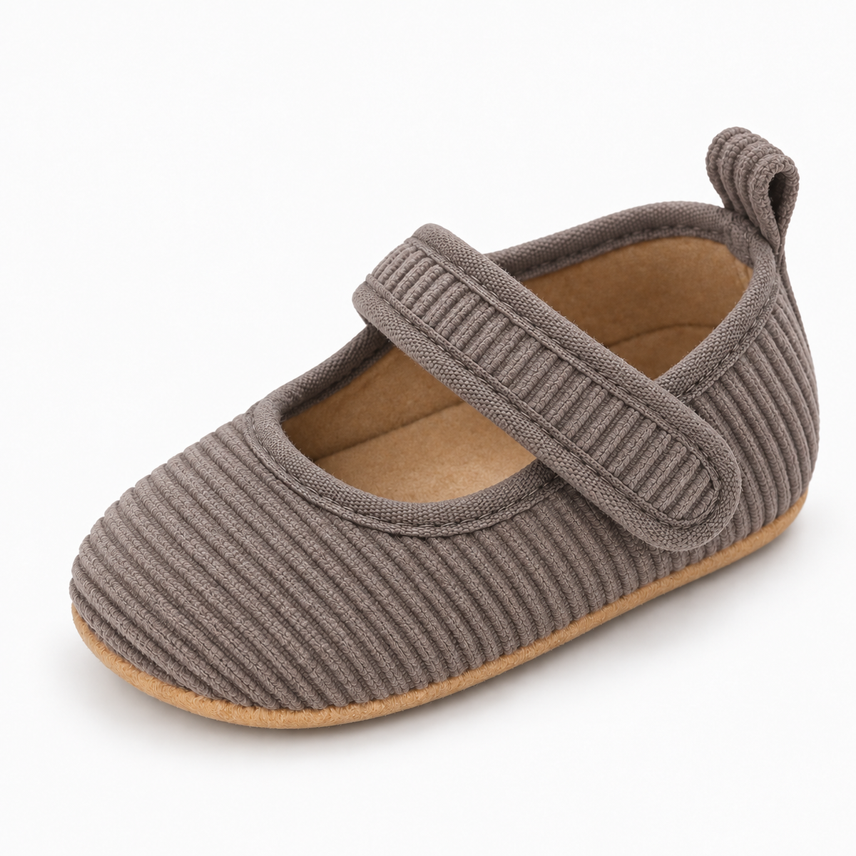 Grey Baby Corduroy Mary Jane Shoes - soft ribbed infant shoes with velcro strap and flexible sole