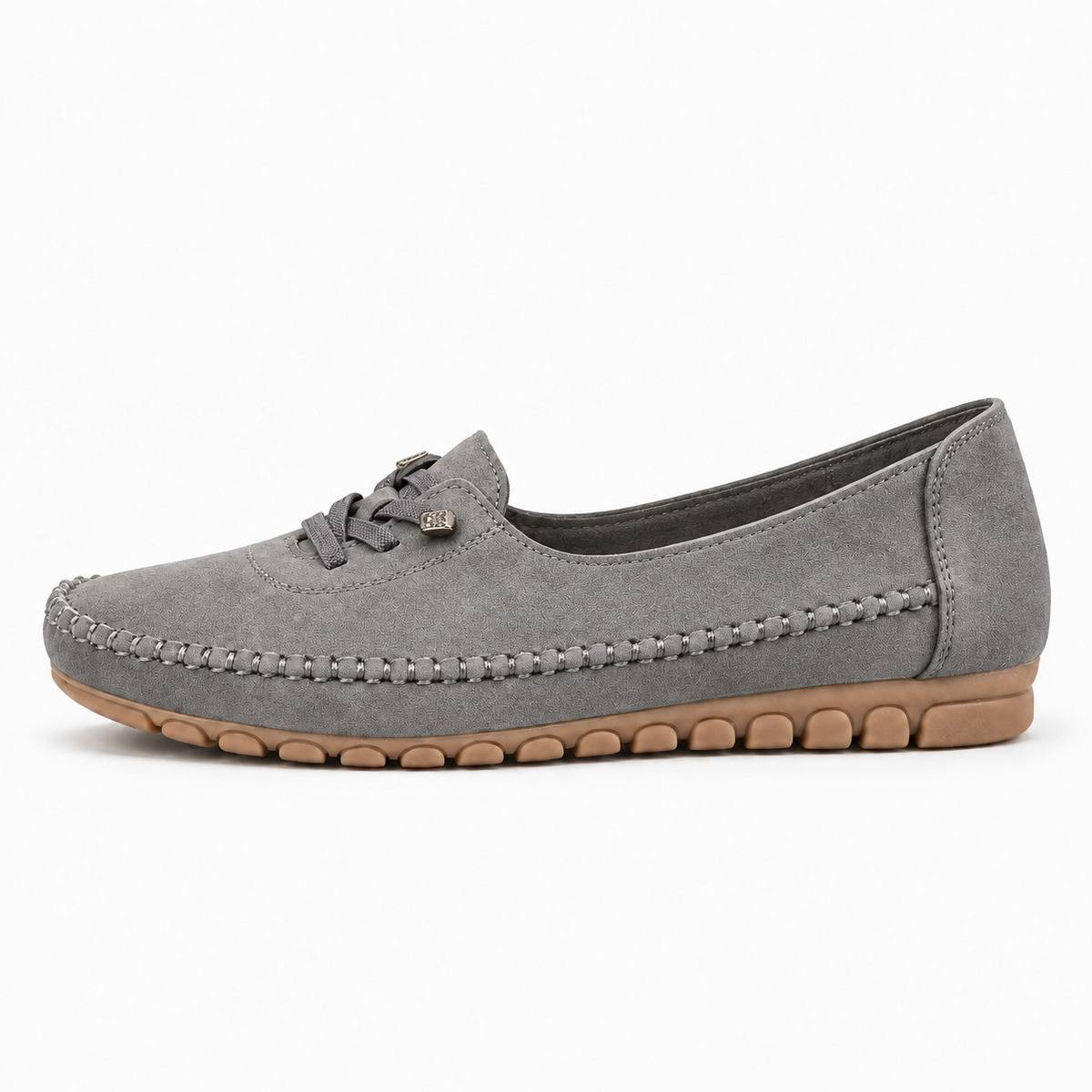Grey womens soft round toe comfort loafers, side profile with flexible tan sole and cushioned everyday design