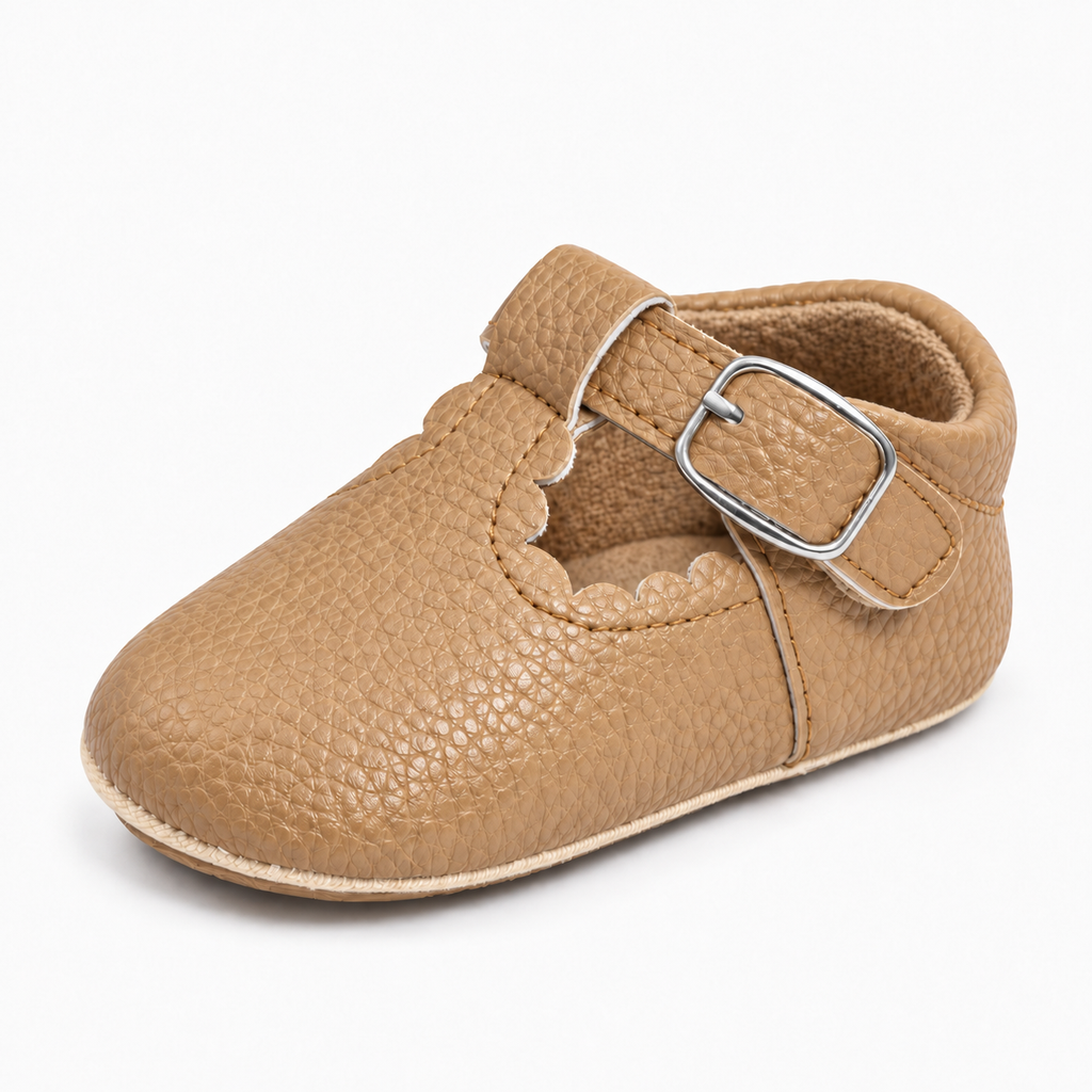 Khaki Baby Mary Jane Pre Walker Shoes with rounded toe, baby first walking shoes