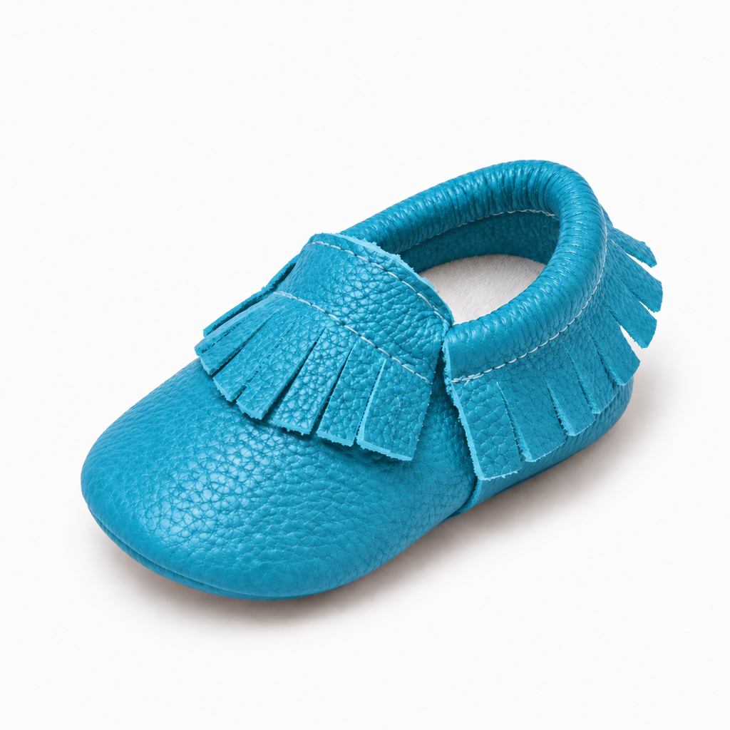 Lake Blue baby leather walking ballet flats with soft sole and fringe detail, premium baby moccasin shoes