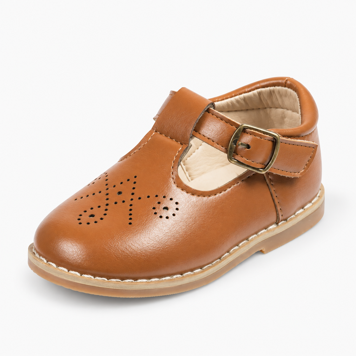 Kids Leather Walking Retro Ballet Flats Light Brown - chaussure enfant en cuir camel a bride et boucle