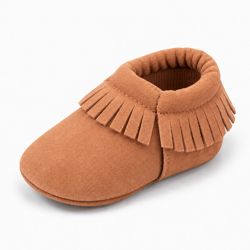 Light Brown Baby Bow Comfort Non Slip Ballet Flats, tan baby moccasins with soft fringe