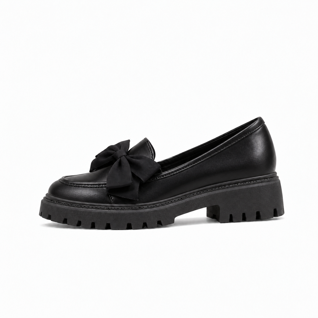 Matte Black Womens Bow Platform Black Ballet Flats - women's ballet flats UK
