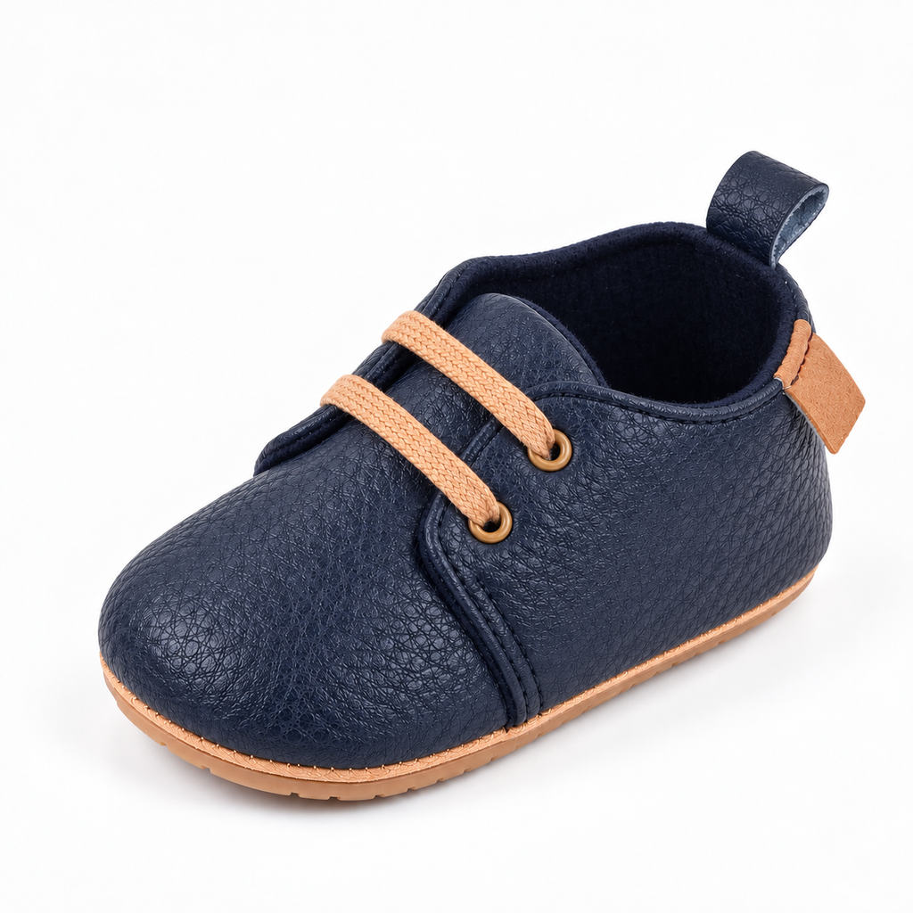 Baby Lace Up First Walker Shoes Navy - chaussures bebe premiers pas bleu marine en cuir graine avec lacets camel