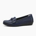 Navy Blue Womens Leather Round Toe Casual Loafers - women's leather loafers UK