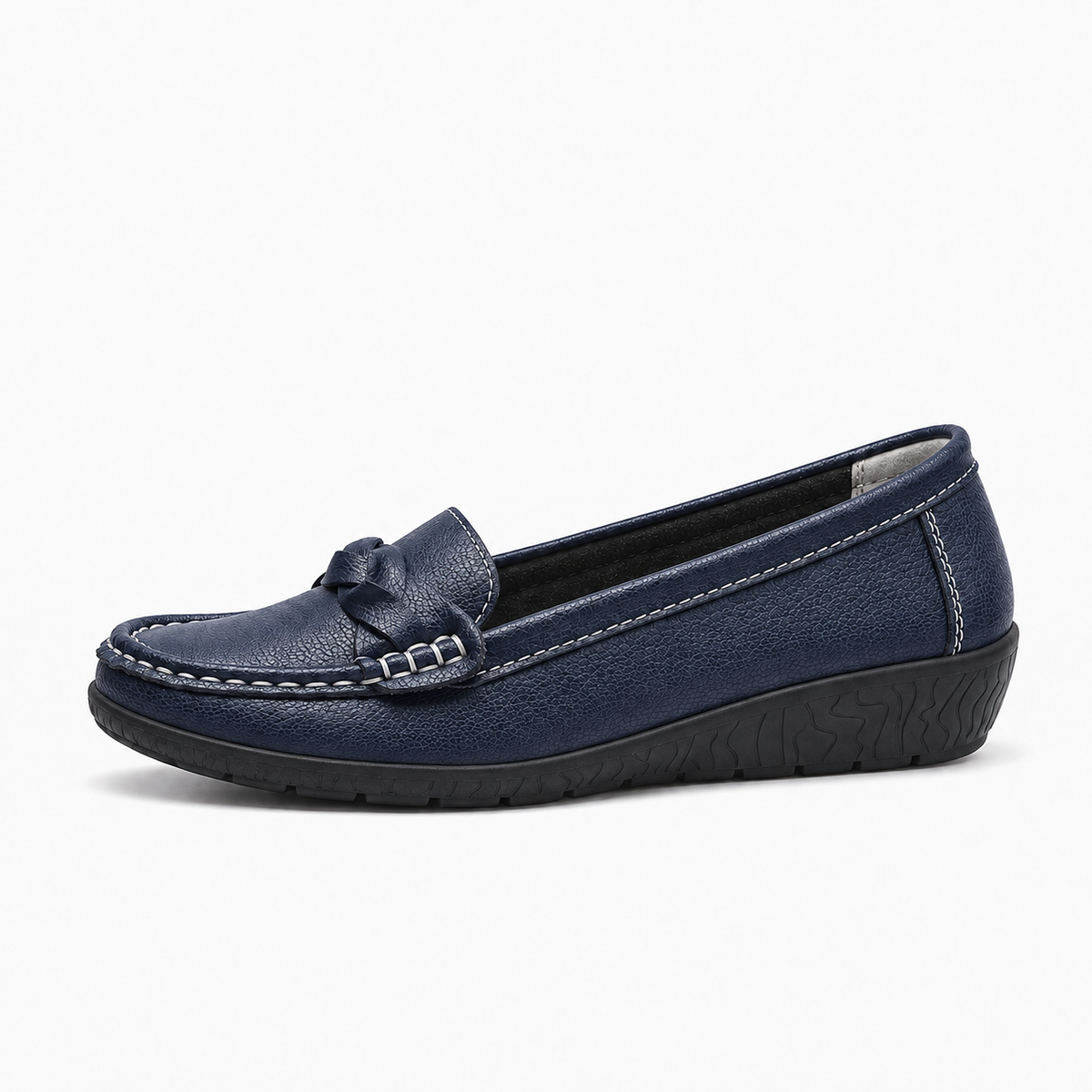 Navy Blue Womens Leather Round Toe Casual Loafers - women's leather loafers UK
