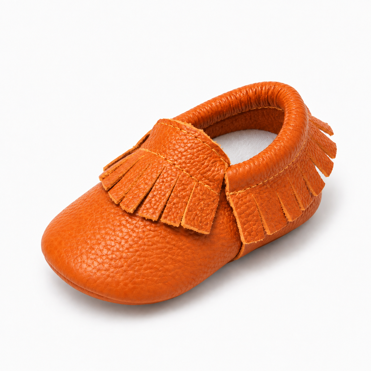 Orange baby leather walking ballet flats with soft sole and fringe detail, premium baby moccasin shoes