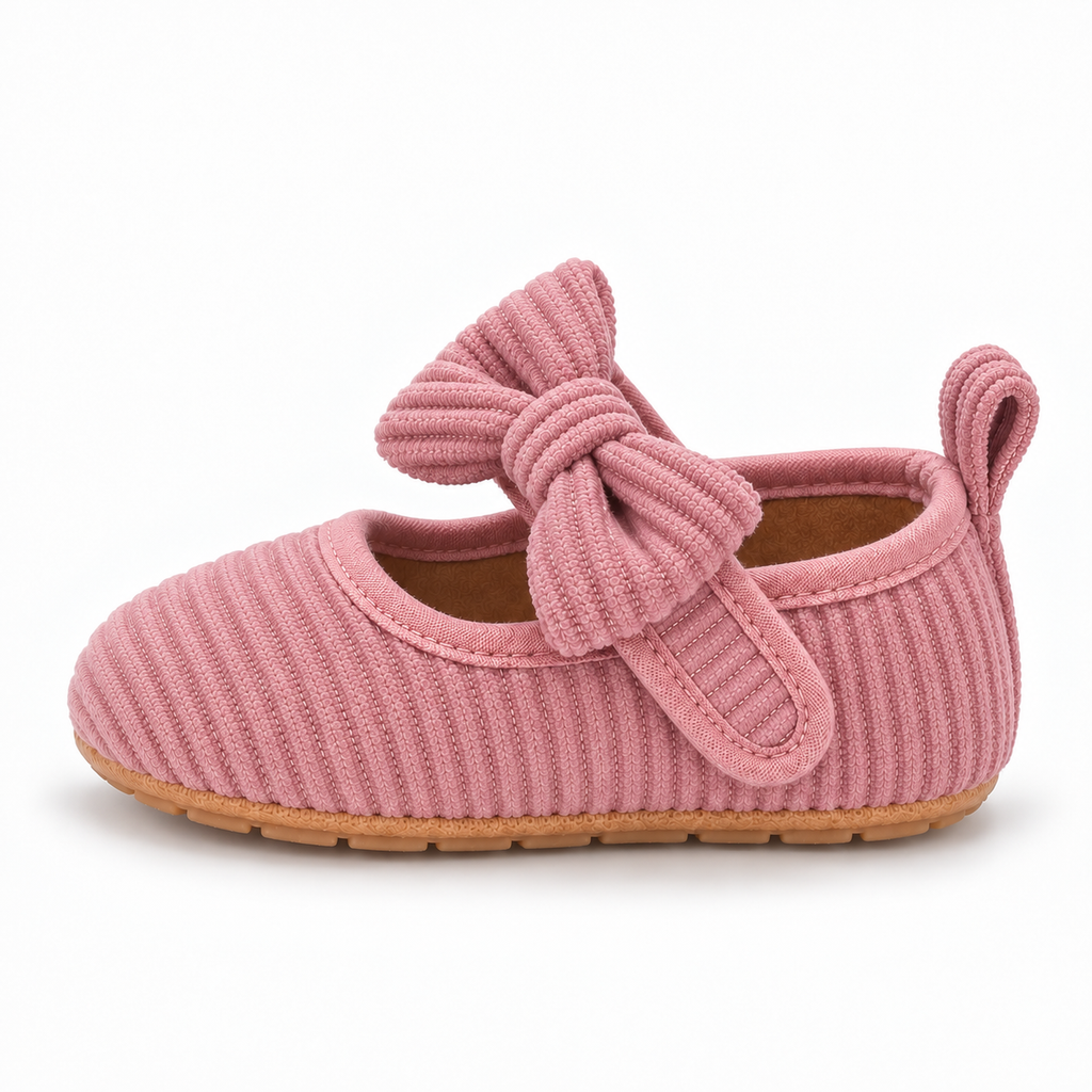 Baby Bow Corduroy Mary Jane Shoes Pink - pink ribbed baby flats with bow and soft sole