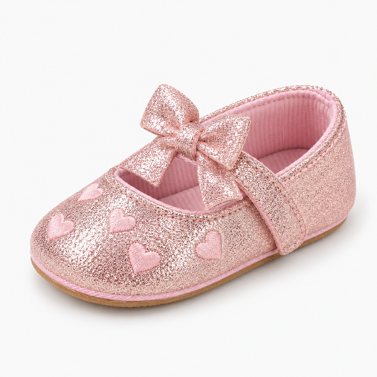 Pink Baby Heart Bow Mary Jane Shoes - metallic pink baby shoes with bow, heart details and soft sole