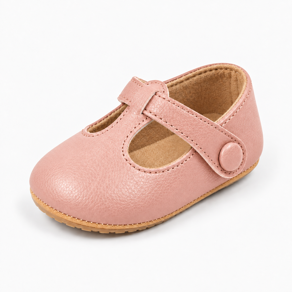 Pink baby bow leather princess ballet flats, premium product photo with soft sole and button strap