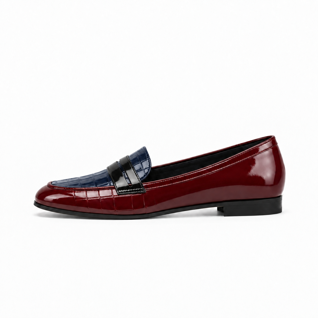 Red and blue womens patent leather loafers with black penny strap - women's leather loafers UK