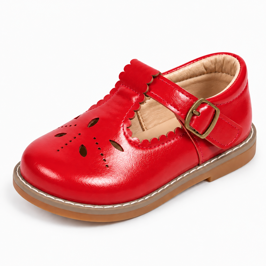 Red Kids Mary Jane Breathable Ballet Flats with scalloped strap and buckle - premium kids shoes