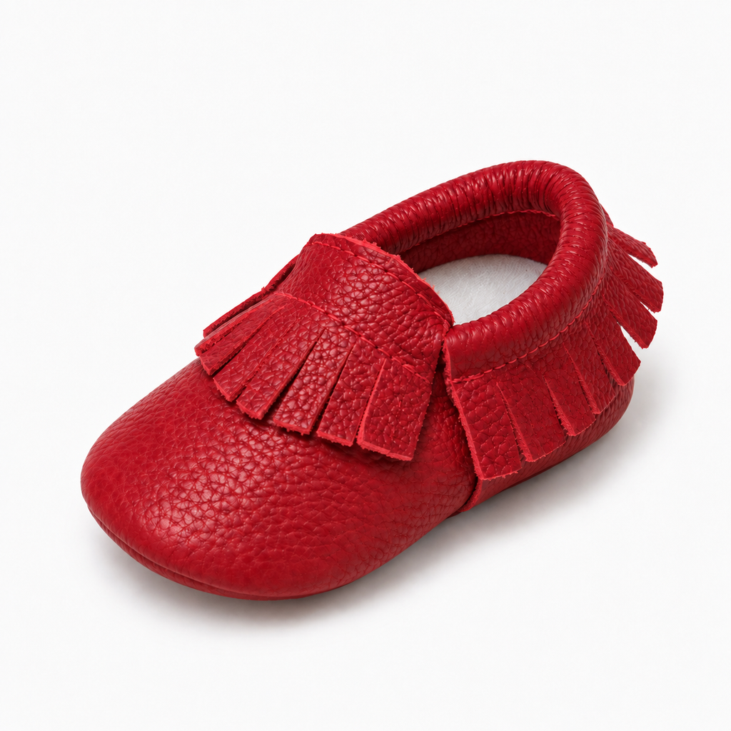 Red baby leather walking ballet flats with soft sole and fringe detail, premium baby moccasin shoes