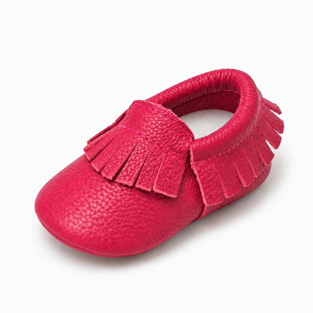 Rose Red baby leather walking ballet flats with soft sole and fringe detail, premium baby moccasin shoes