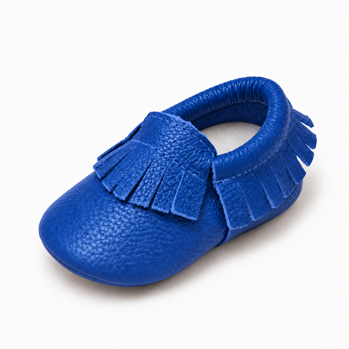 Royal Blue baby leather walking ballet flats with soft sole and fringe detail, premium baby moccasin shoes