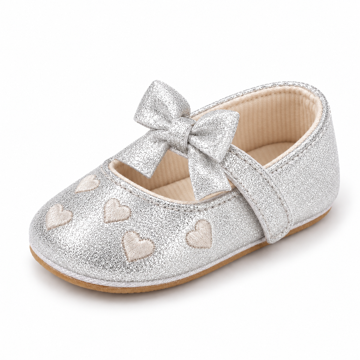 Silver Baby Heart Bow Mary Jane Shoes - silver metallic baby shoes with bow, heart details and soft sole