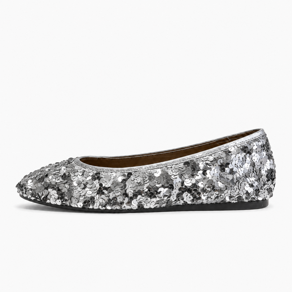 Silver Womens Statement Pointed Toe Ballet Flats - womens sequin flats UK