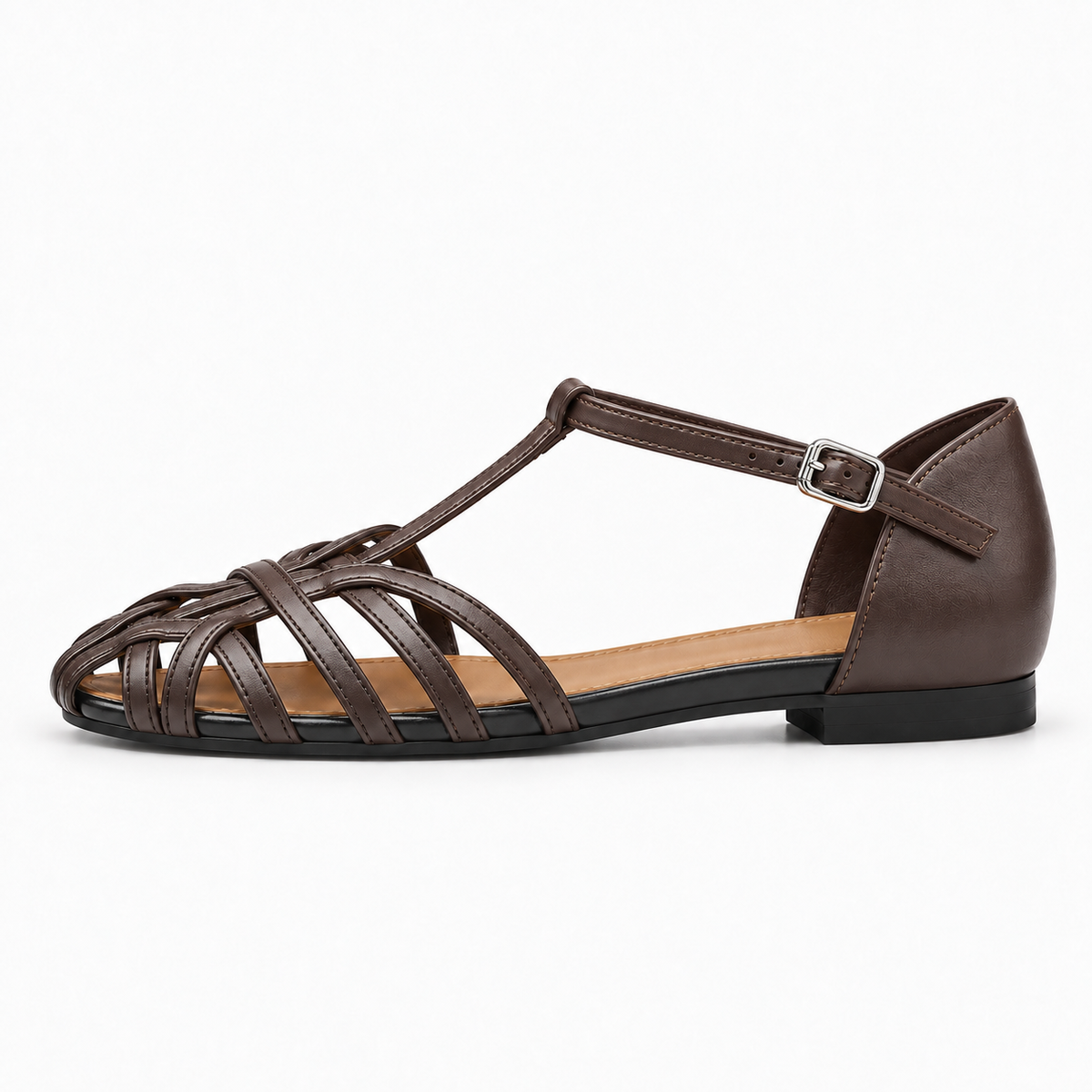 Taupe womens T bar woven ballet flats side view with ankle strap
