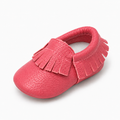 Watermelon Pink baby leather walking ballet flats with soft sole and fringe detail, premium baby moccasin shoes