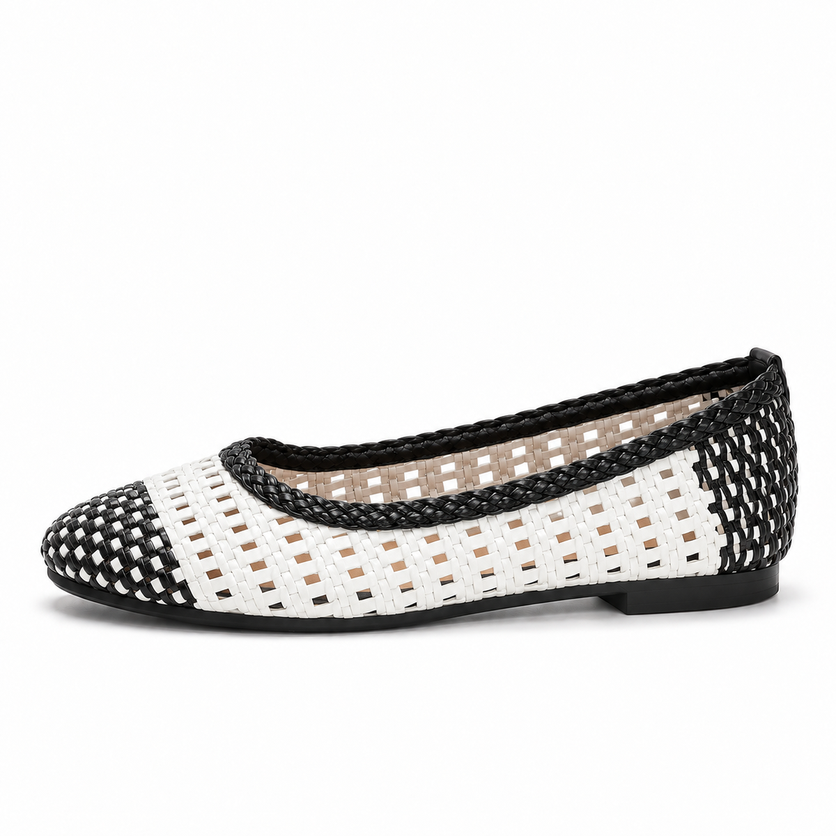 White Womens Woven Mesh Ballet Flats side view - black trim breathable braided ballet flats for women