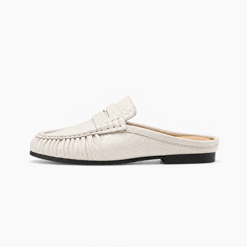 White Womens Leather Backless Mule Loafers lifestyle angle - womens mule loafers UK