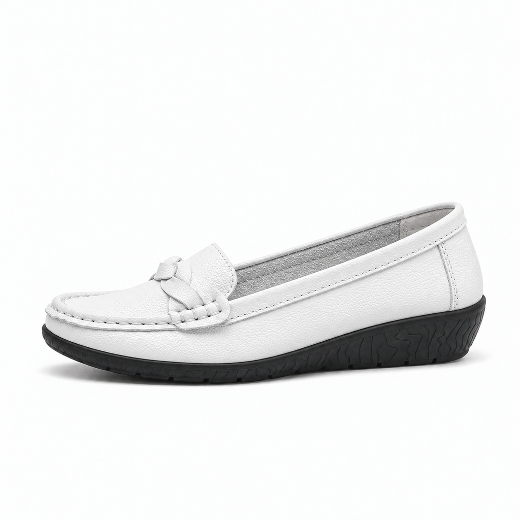 White Womens Leather Round Toe Casual Loafers - women's leather loafers UK