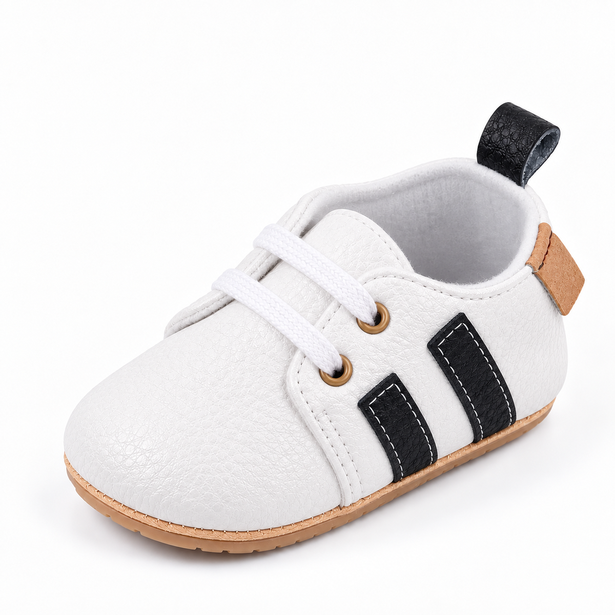 Baby Lace Up First Walker Shoes White and Black - chaussures bebe blanches avec details noirs et lacets blancs