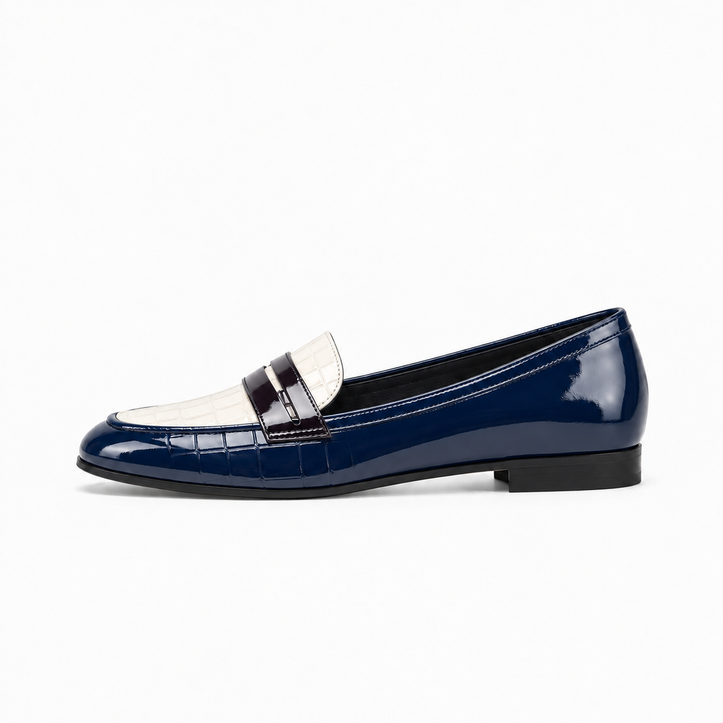 White & Blue Womens Patent Leather Loafers - women's leather loafers UK