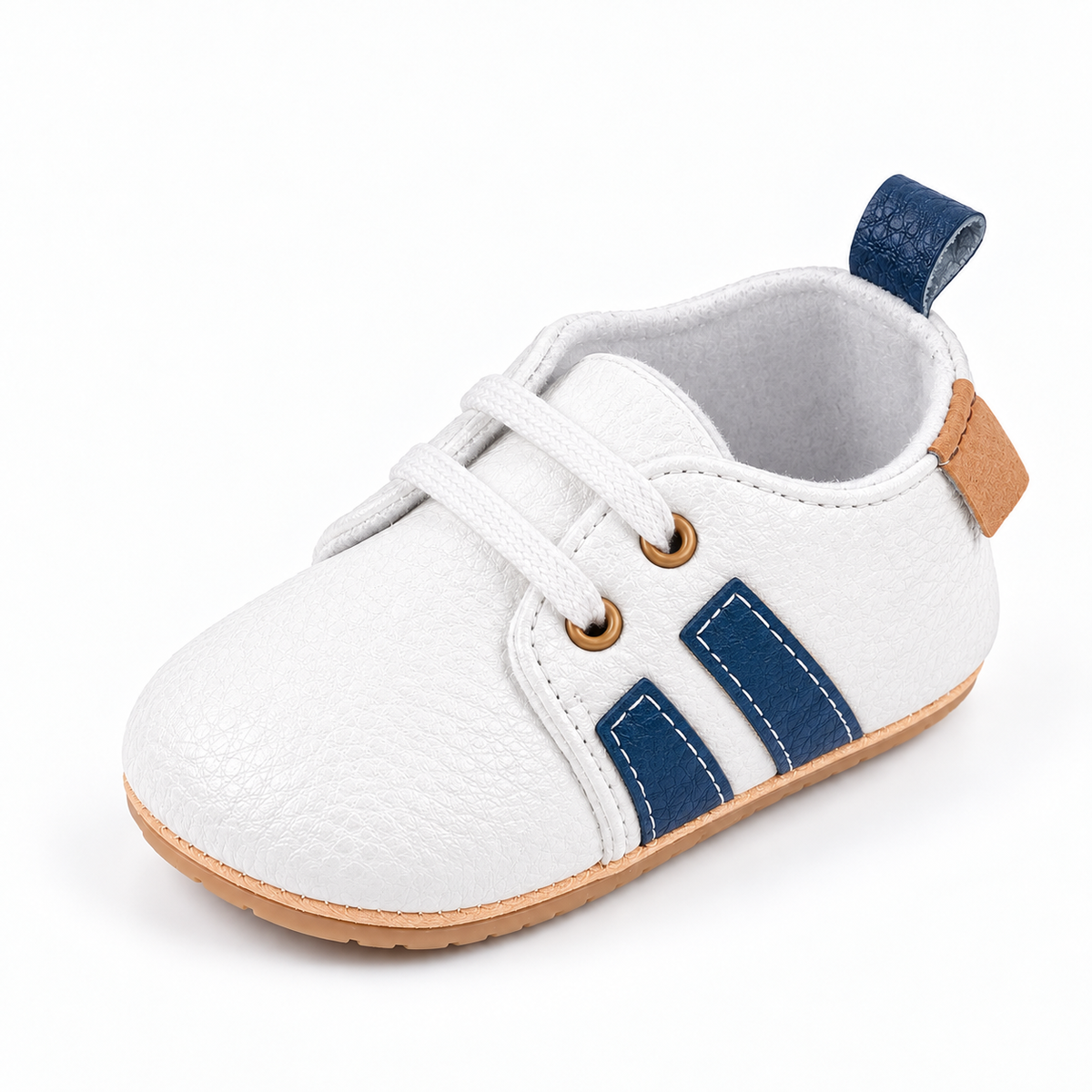 Baby Lace Up First Walker Shoes White and Blue - chaussures bebe blanches avec details bleu marine et semelle souple