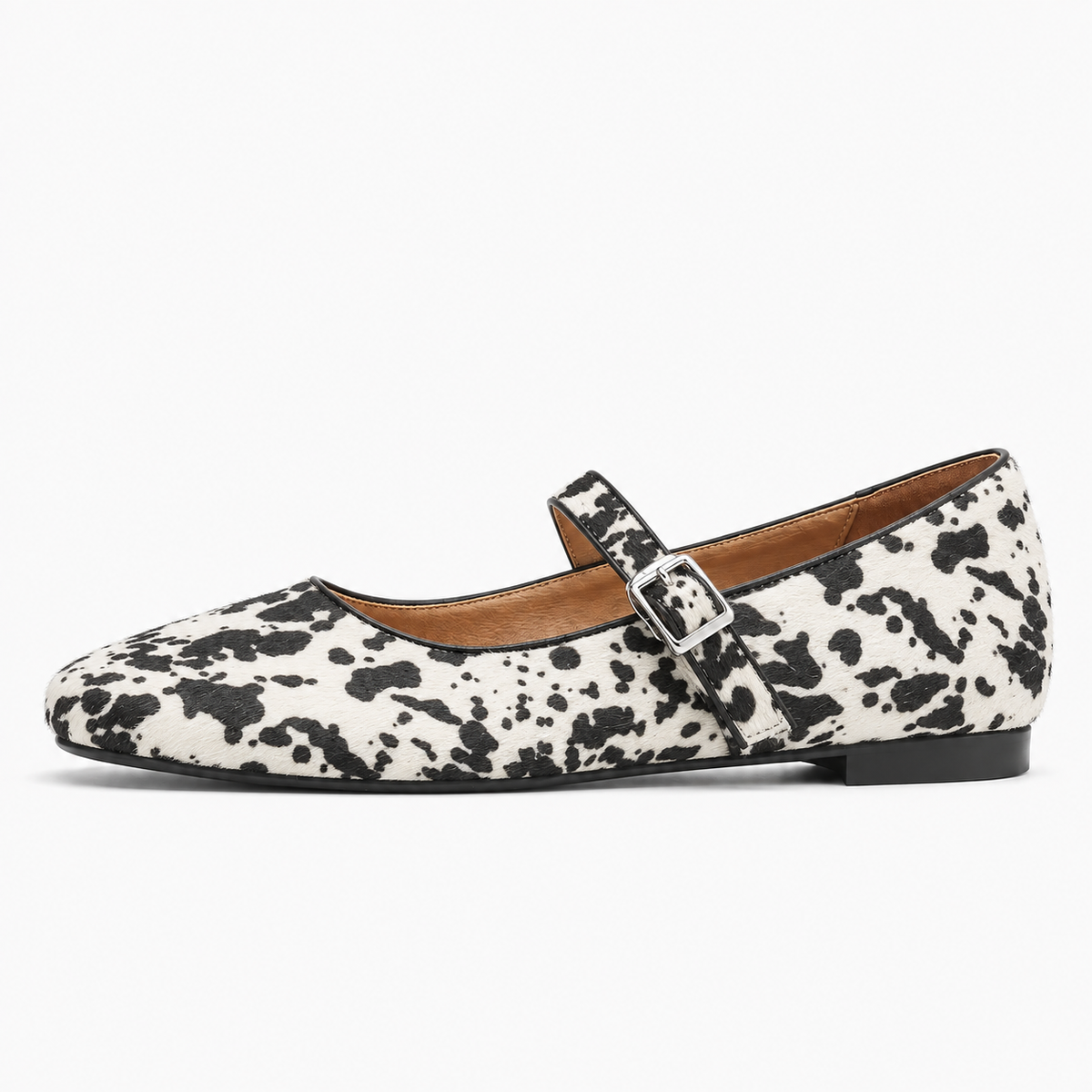 White Dalmatian womens animal print buckle Mary Jane flats side view