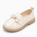 White Pearl Kids Patent Bow Loafers with cream patent finish and pearl bow - premium kids shoes