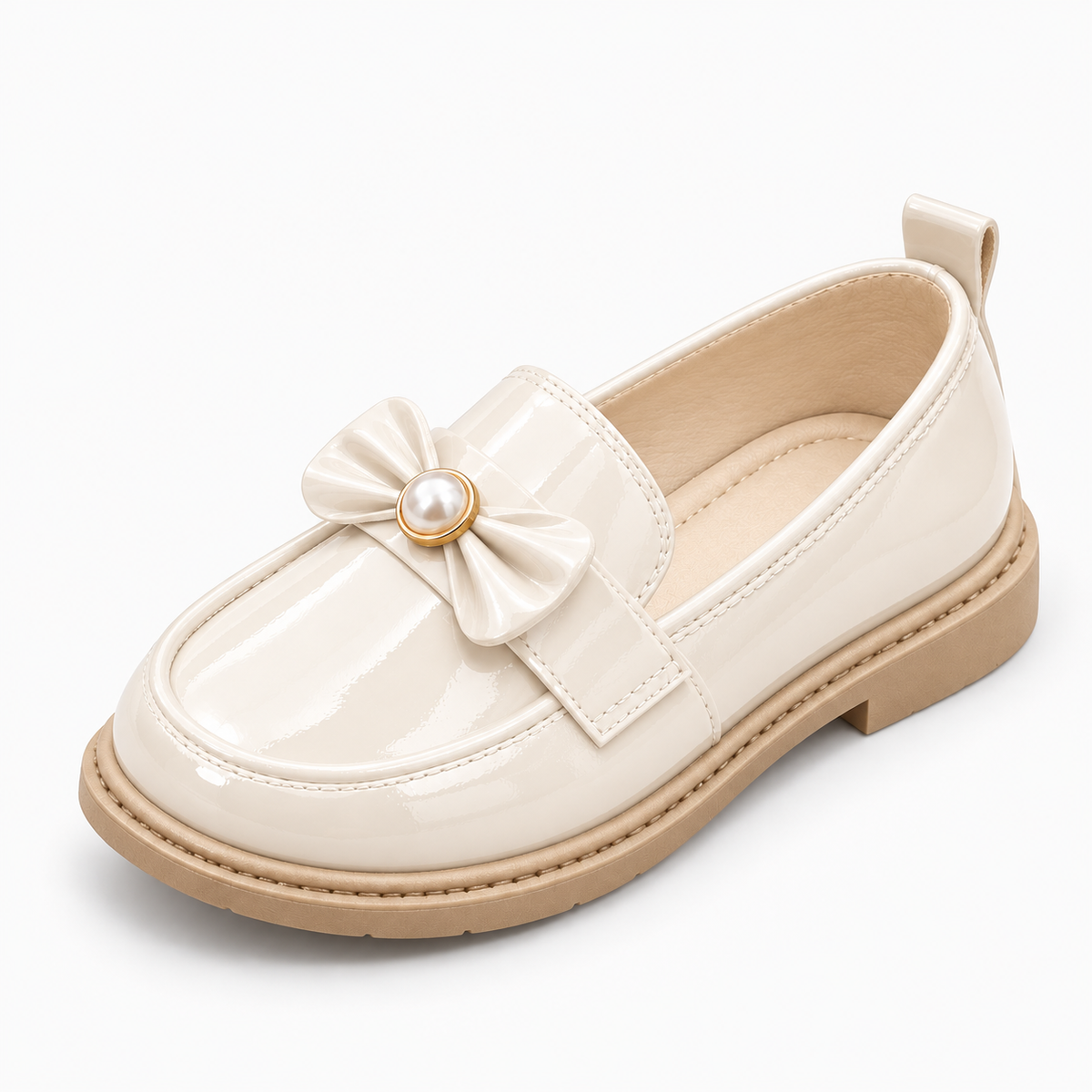 White Pearl Kids Patent Bow Loafers with cream patent finish and pearl bow - premium kids shoes